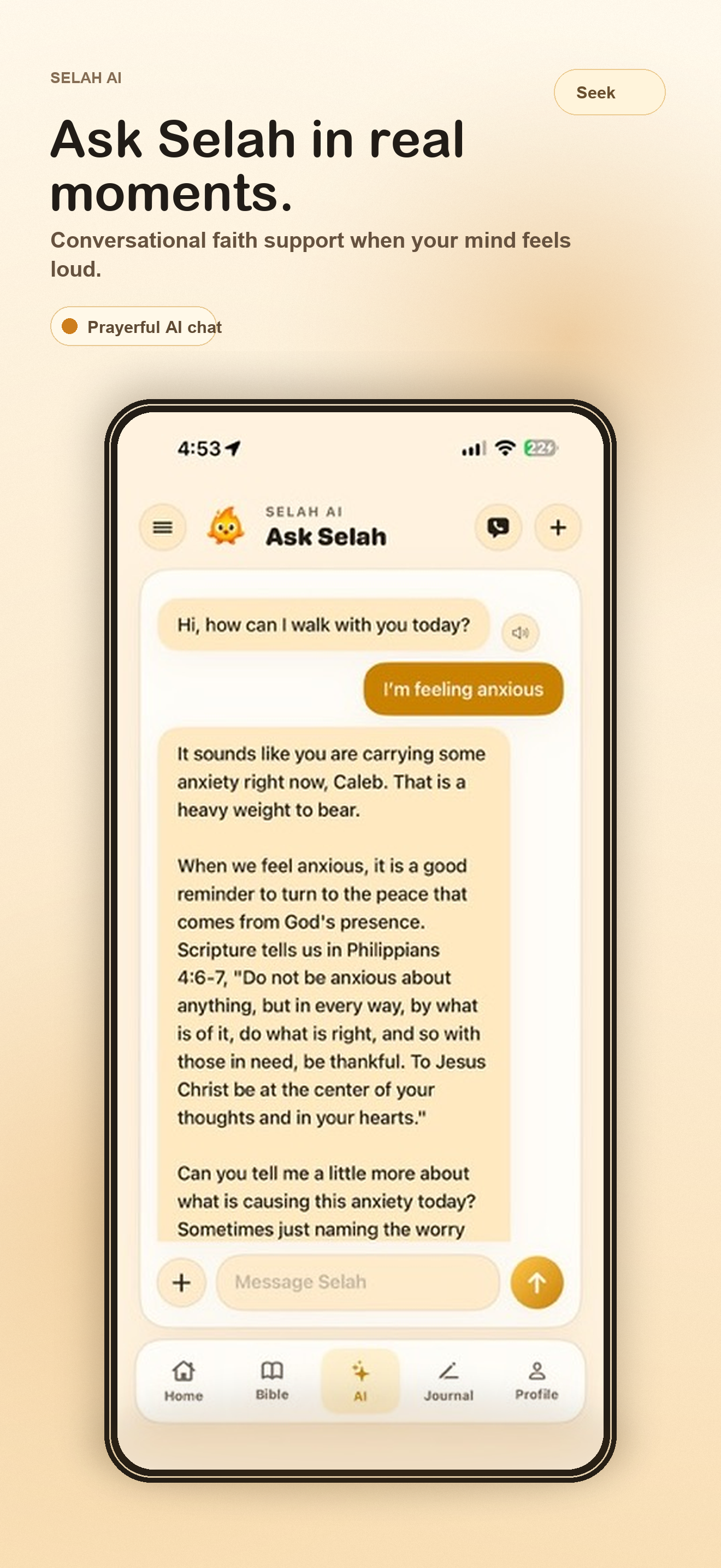 Selah AI conversation inside Seek First