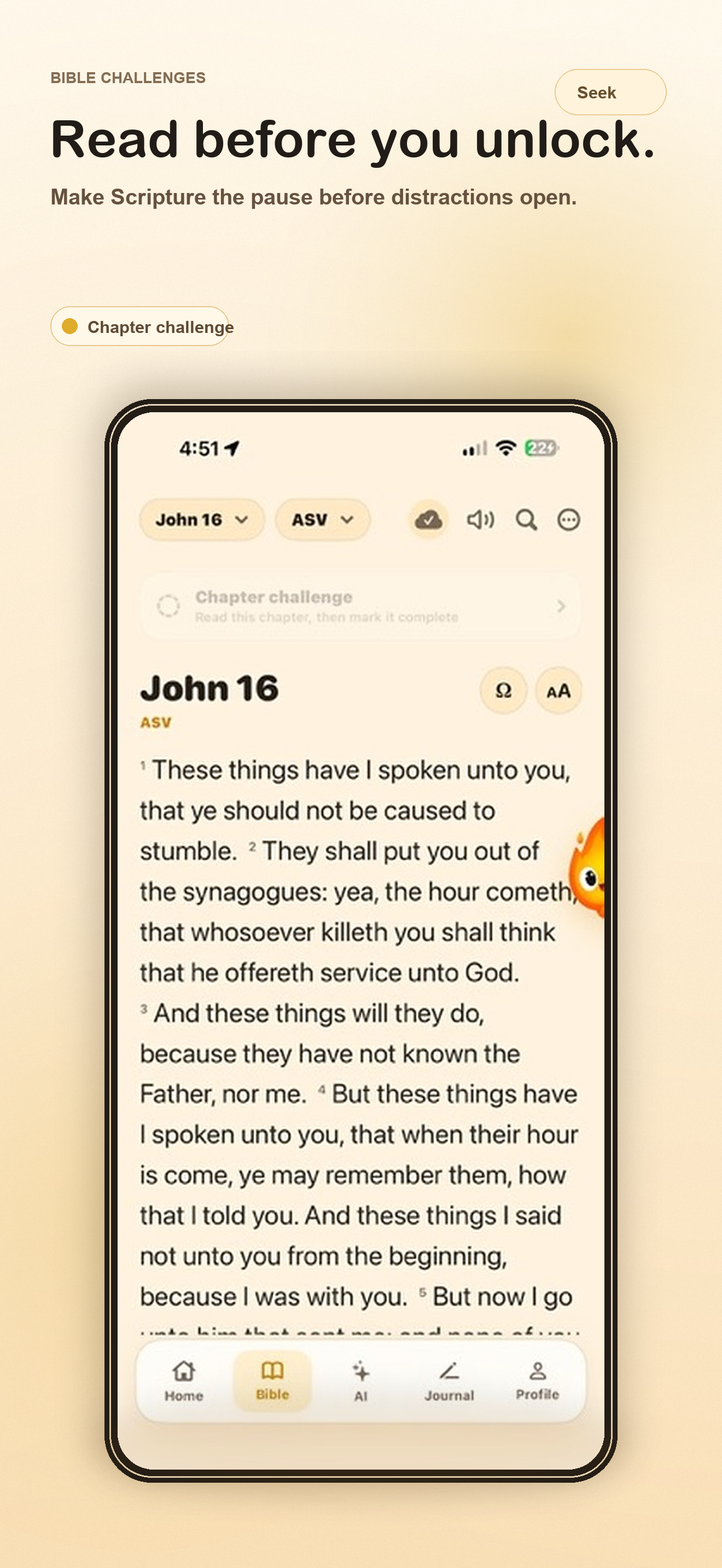 Seek First Bible reader showing John 16 and a reading challenge