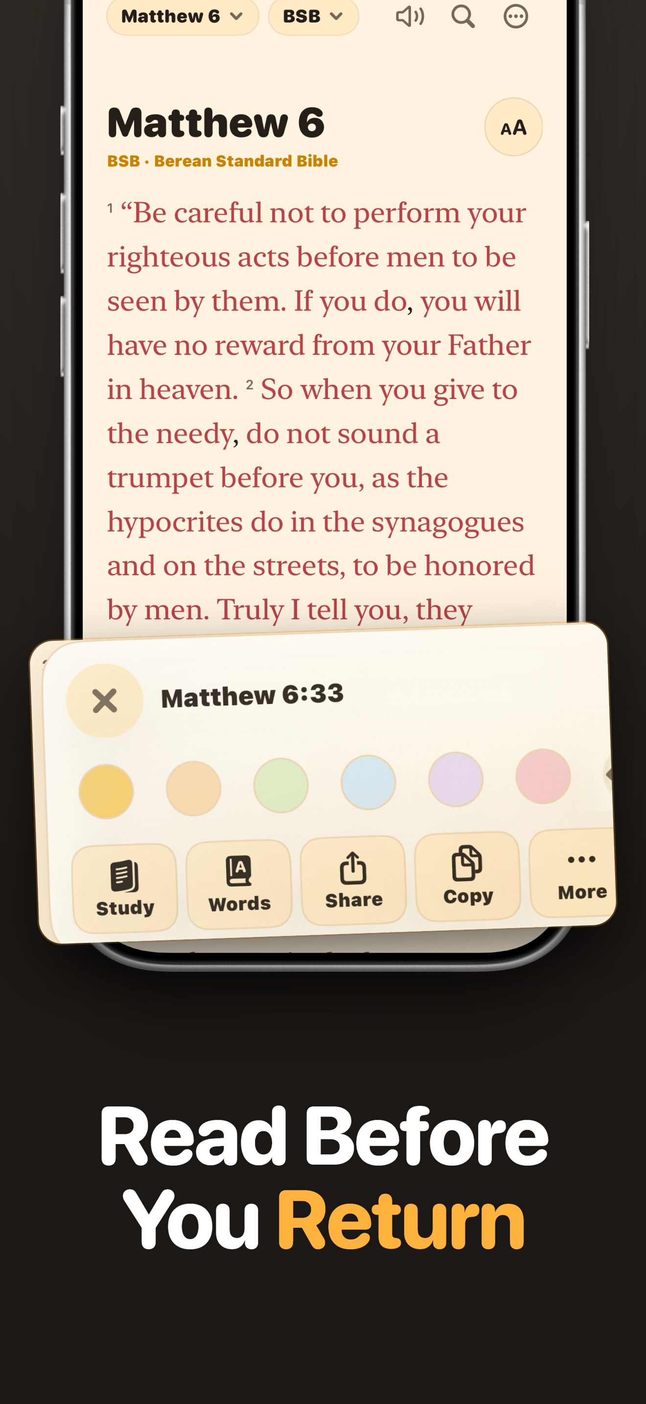 Seek First Bible reader showing Matthew 6 with verse highlight colors